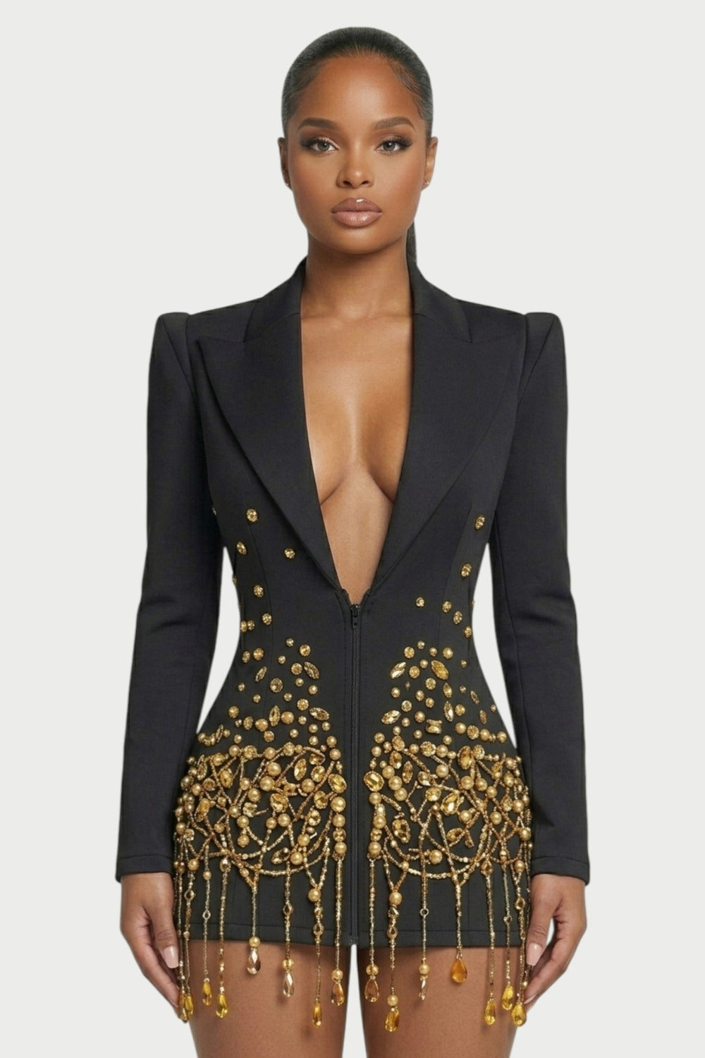 Vesper Crystal-Fringe Blazer Mini Dress in Black Gold – 4