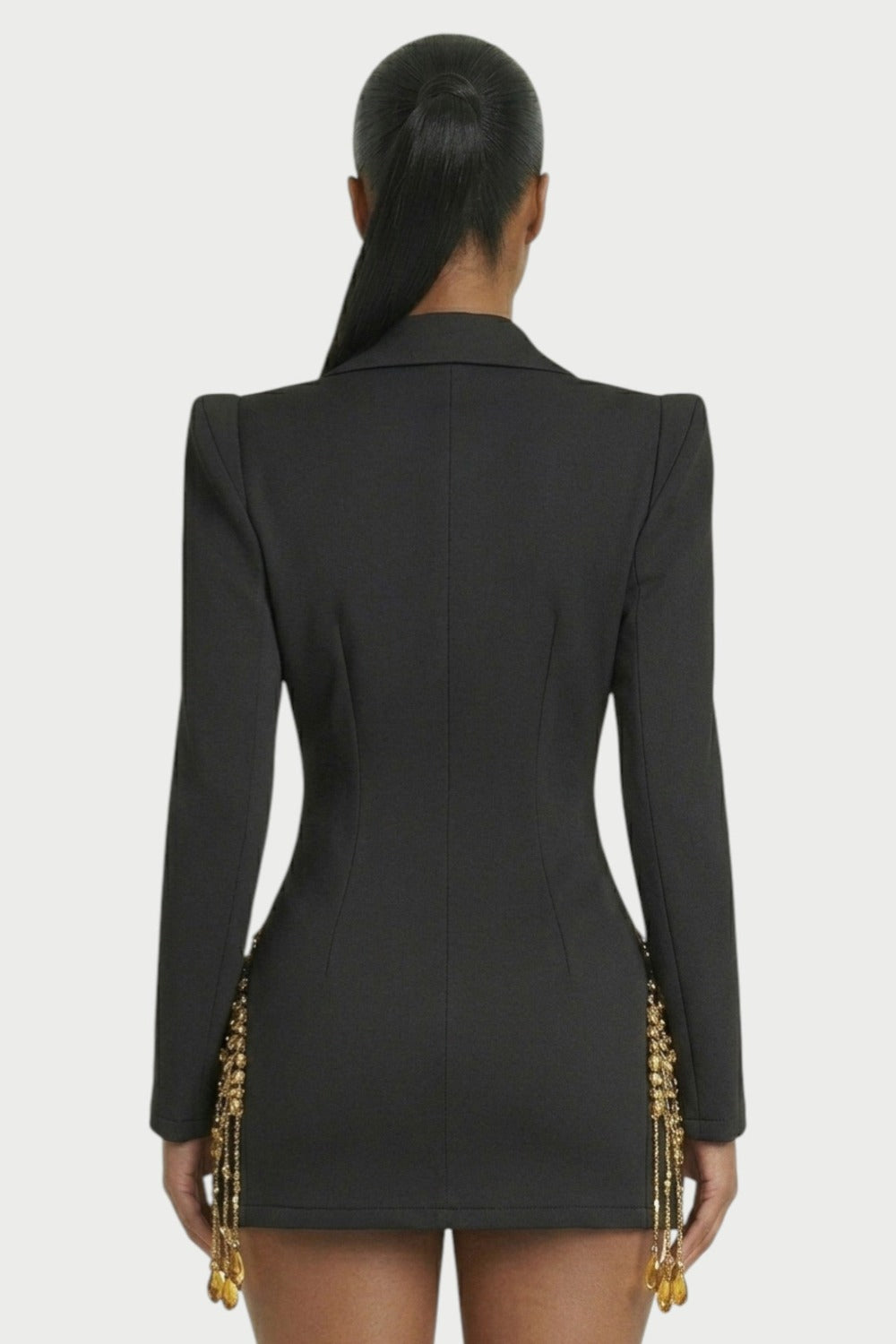 Vesper Crystal-Fringe Blazer Mini Dress in Black Gold – 5