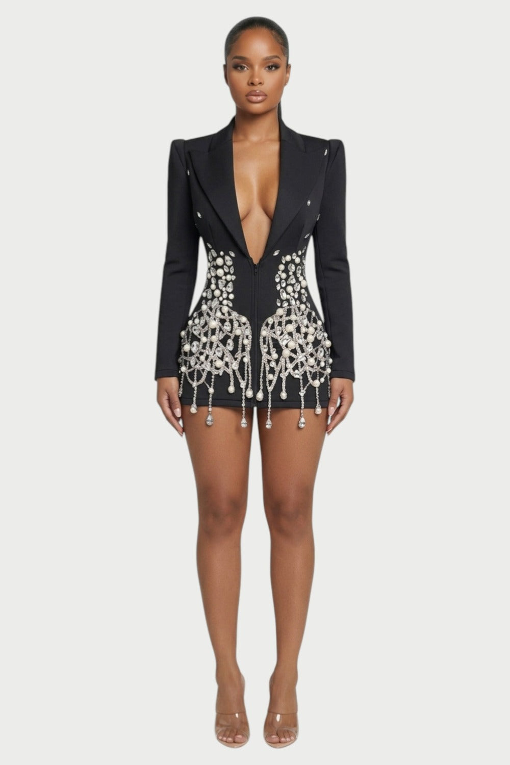 Vesper Crystal-Fringe Blazer Mini Dress in Black Pearl – front