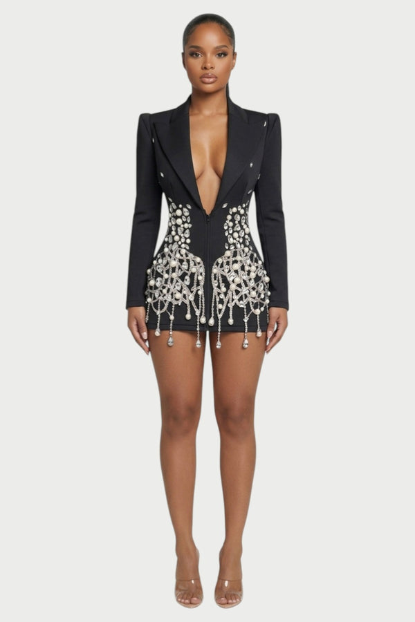 Vesper Crystal-Fringe Blazer Mini Dress in Black Pearl – front