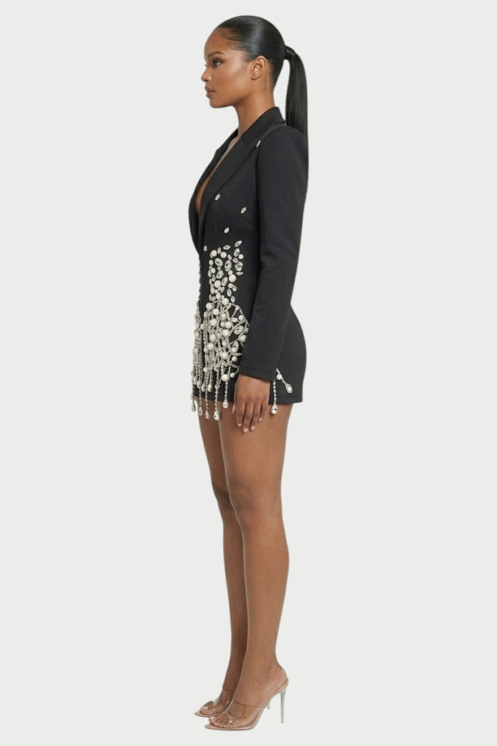 Vesper Crystal-Fringe Blazer Mini Dress in Black Pearl – 3