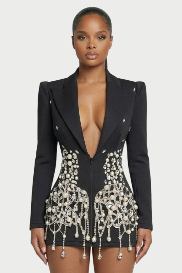 Vesper Crystal-Fringe Blazer Mini Dress in Black Pearl – 4