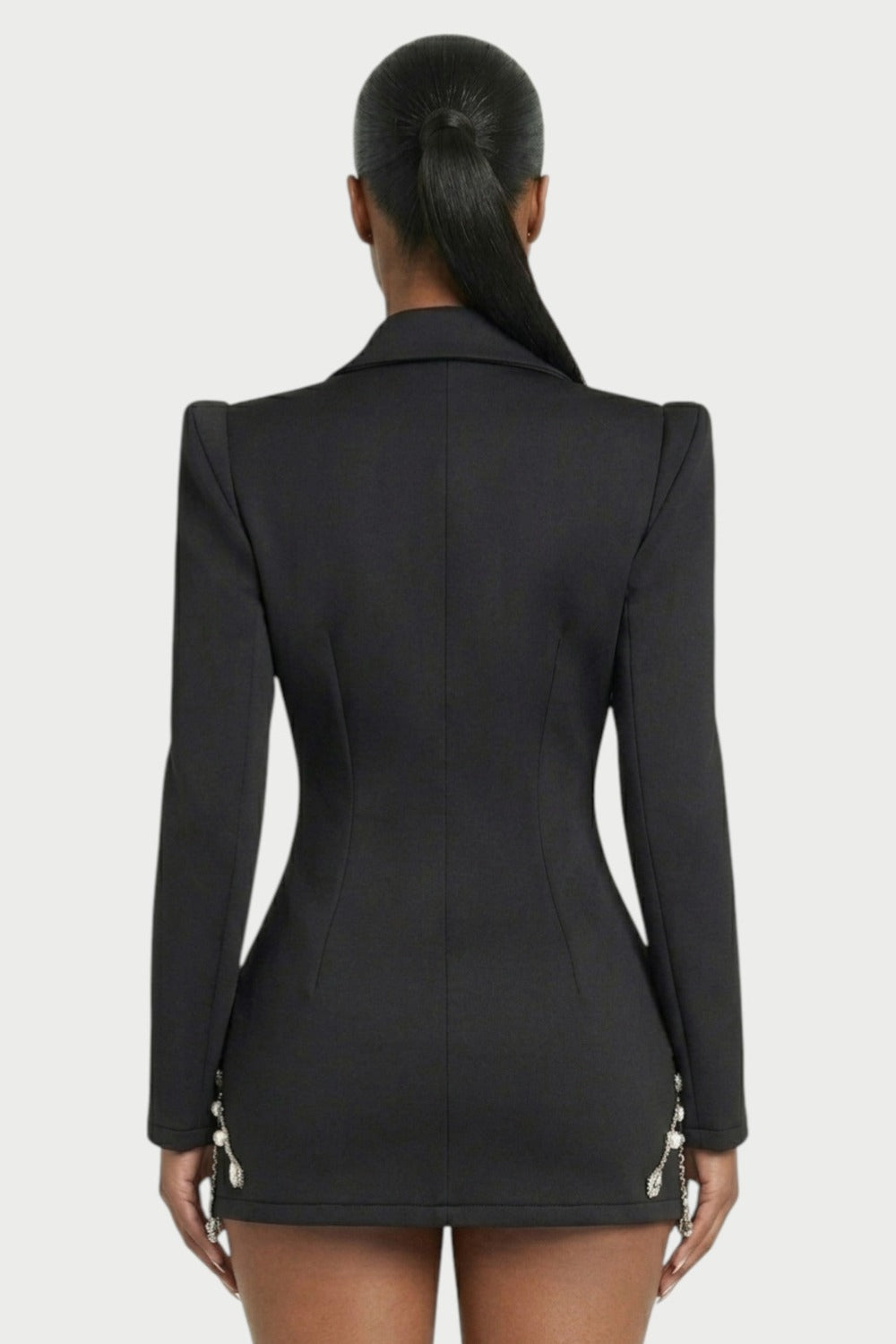 Vesper Crystal-Fringe Blazer Mini Dress in Black Pearl – 5