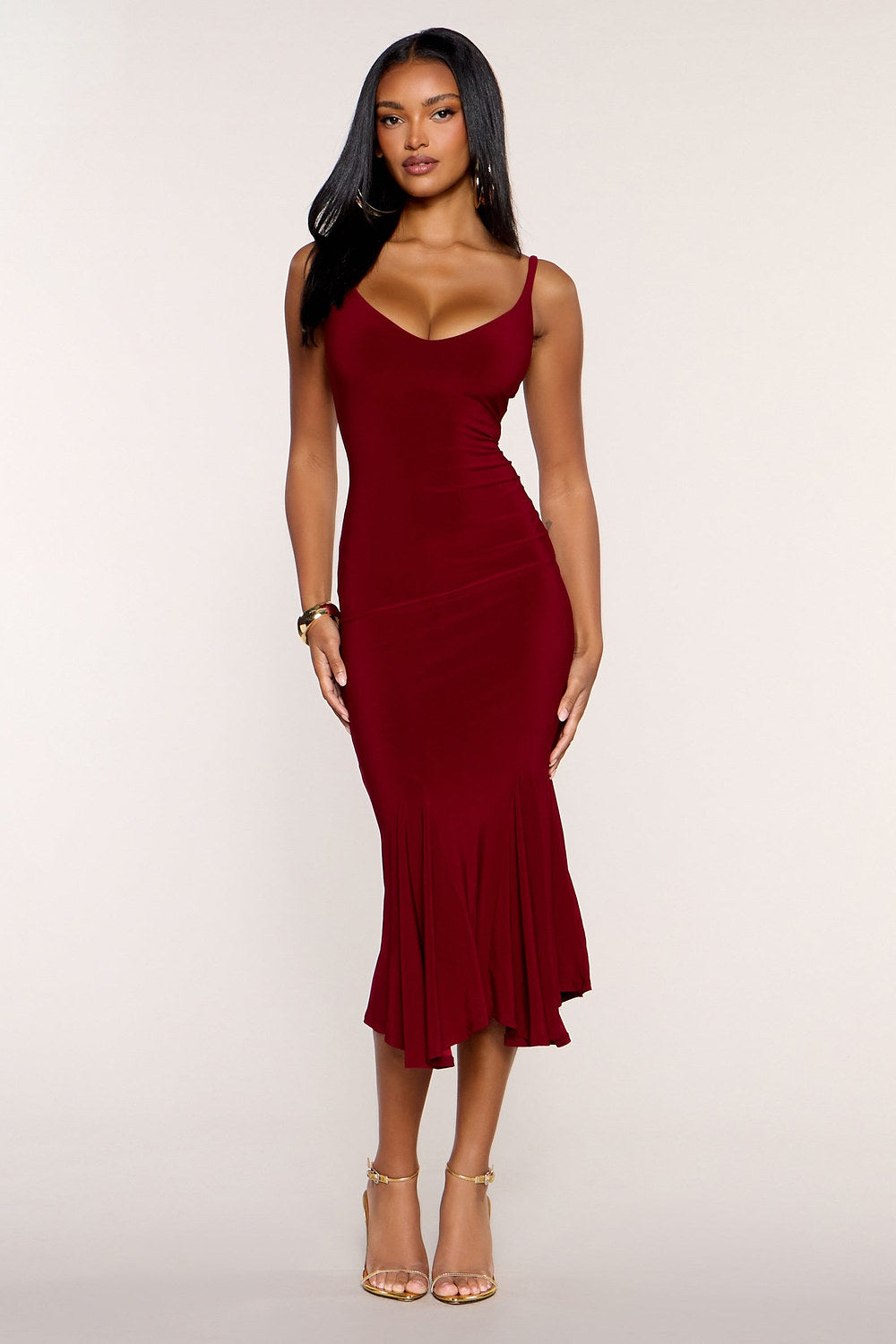 Isolde Flared-Hem Bodycon Midi Dress in Burgundy – front