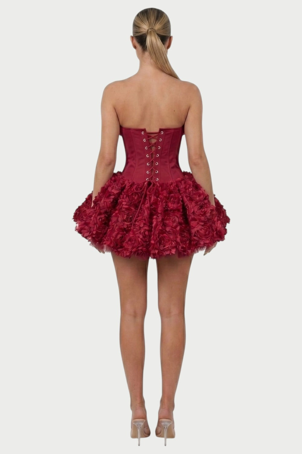 Thalia Strapless Floral Ruffle Mini Dress in Claret – back