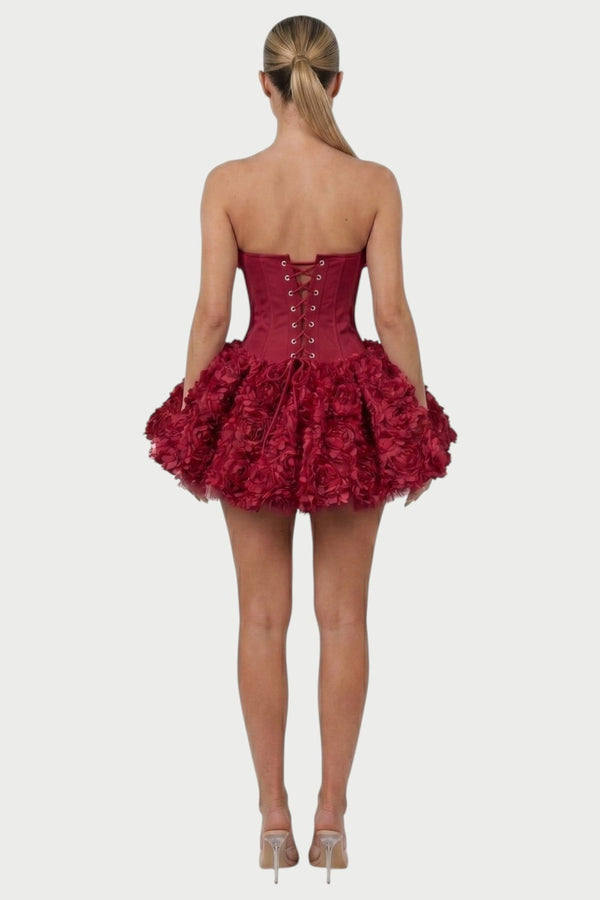 Thalia Strapless Floral Ruffle Mini Dress in Claret – back