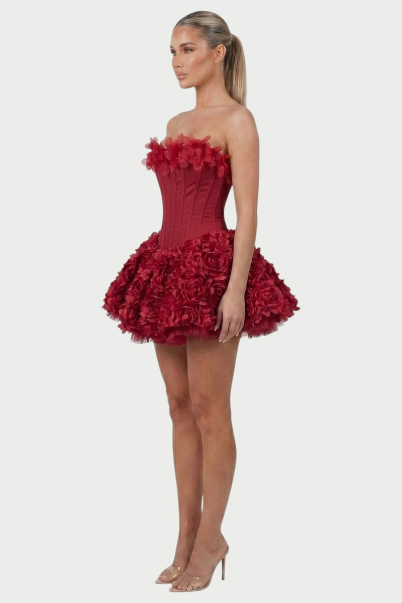 Thalia Strapless Floral Ruffle Mini Dress