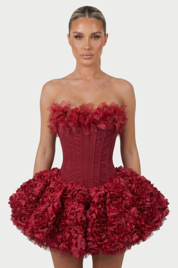 Thalia Strapless Floral Ruffle Mini Dress in Claret – close-up front