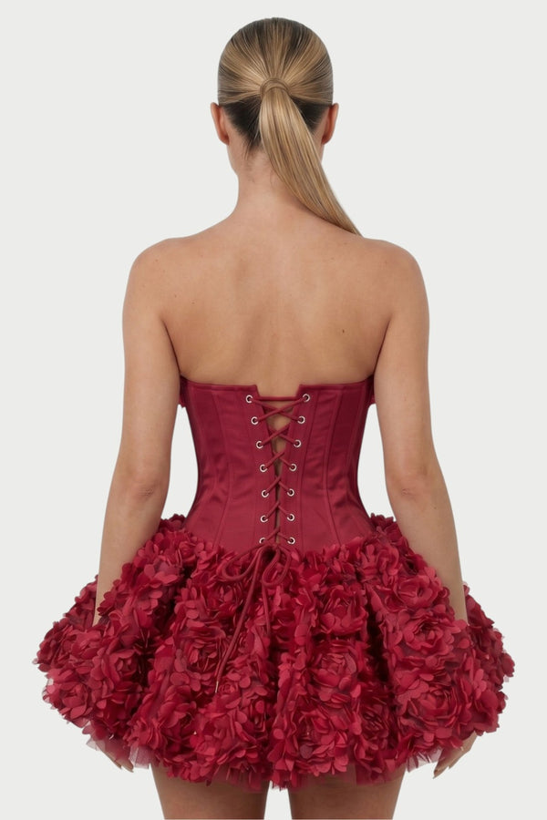 Thalia Strapless Floral Ruffle Mini Dress in Claret – close-up back