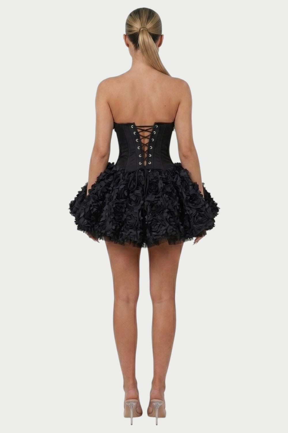 Thalia Strapless Floral Ruffle Mini Dress in Black – back