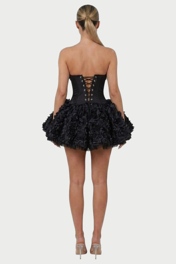 Thalia Strapless Floral Ruffle Mini Dress in Black – back