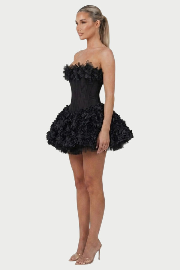 Thalia Strapless Floral Ruffle Mini Dress in Black – side