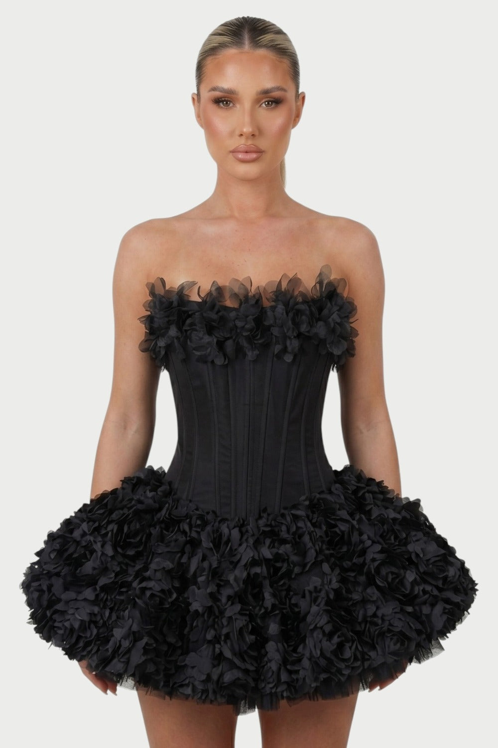 Thalia Strapless Floral Ruffle Mini Dress in Black – close-up front