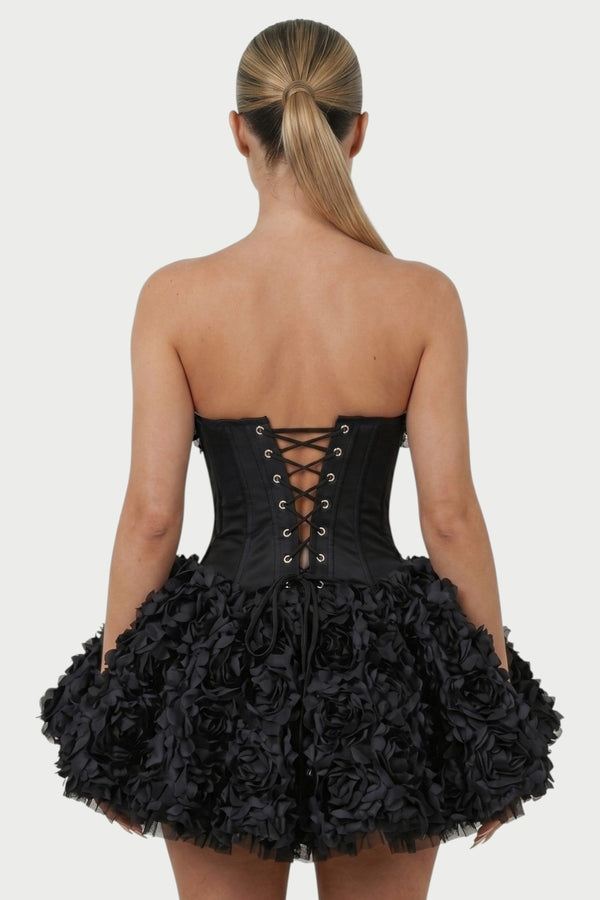 Thalia Strapless Floral Ruffle Mini Dress in Black – close-up back