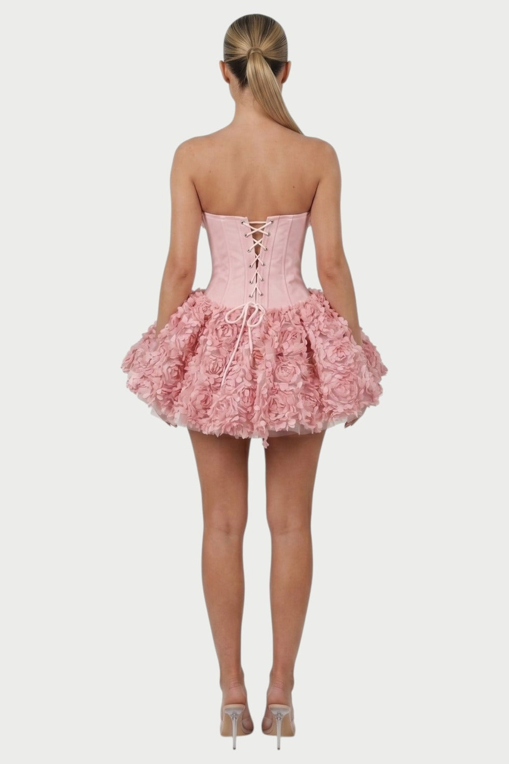Thalia Strapless Floral Ruffle Mini Dress in Pink – back