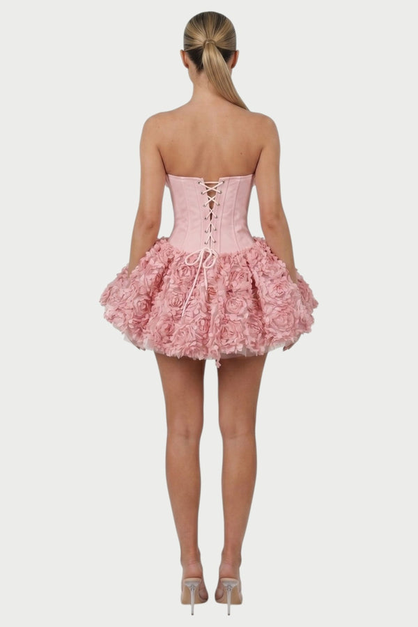 Thalia Strapless Floral Ruffle Mini Dress in Pink – back