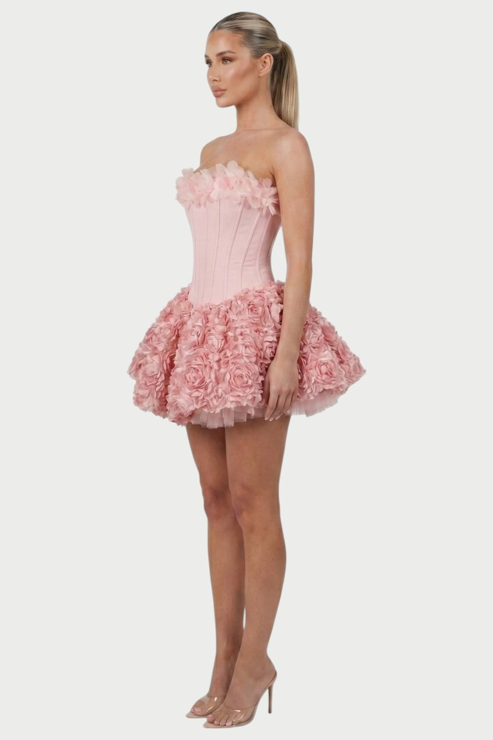Thalia Strapless Floral Ruffle Mini Dress in Pink – side