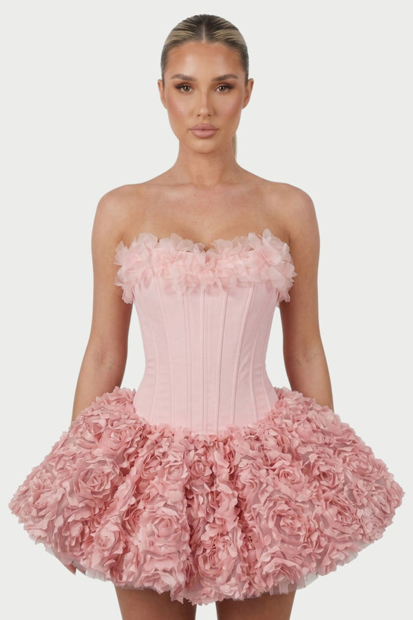 Thalia Strapless Floral Ruffle Mini Dress in Pink – close-up front