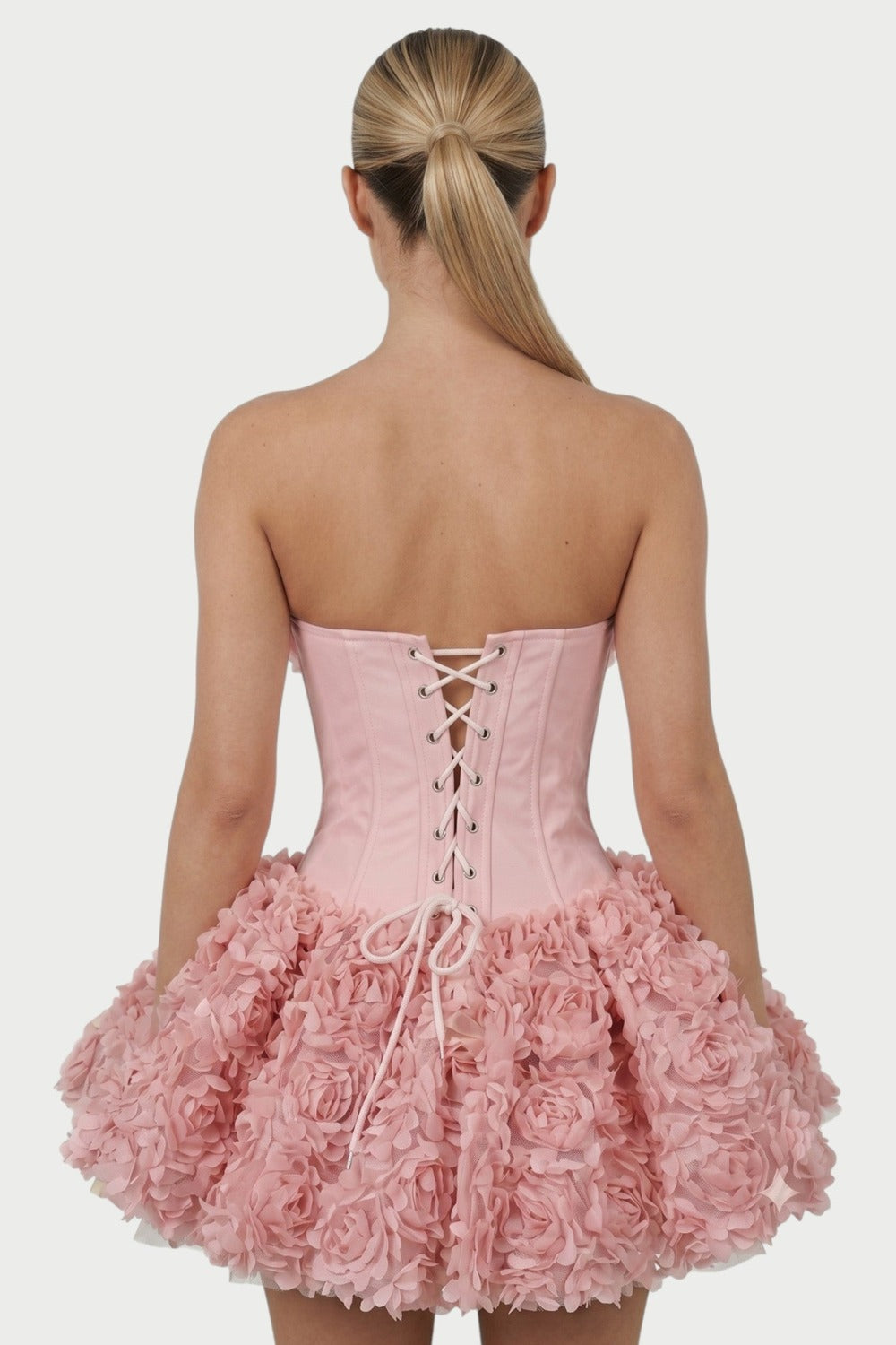Thalia Strapless Floral Ruffle Mini Dress in Pink – close-up back