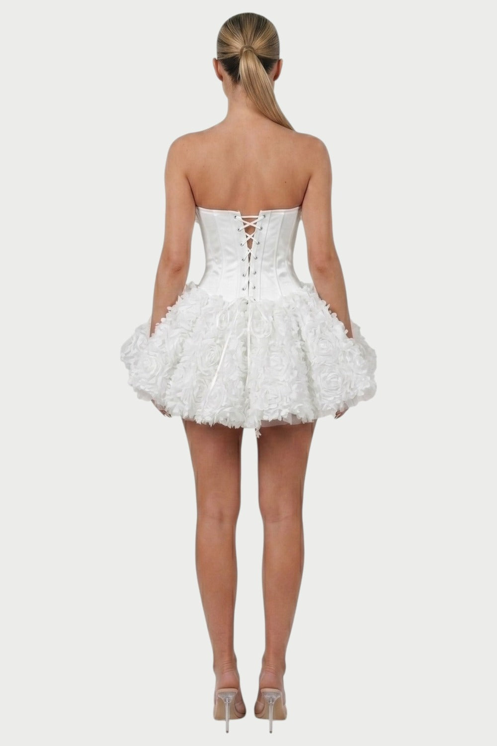 Thalia Strapless Floral Ruffle Mini Dress in White – back