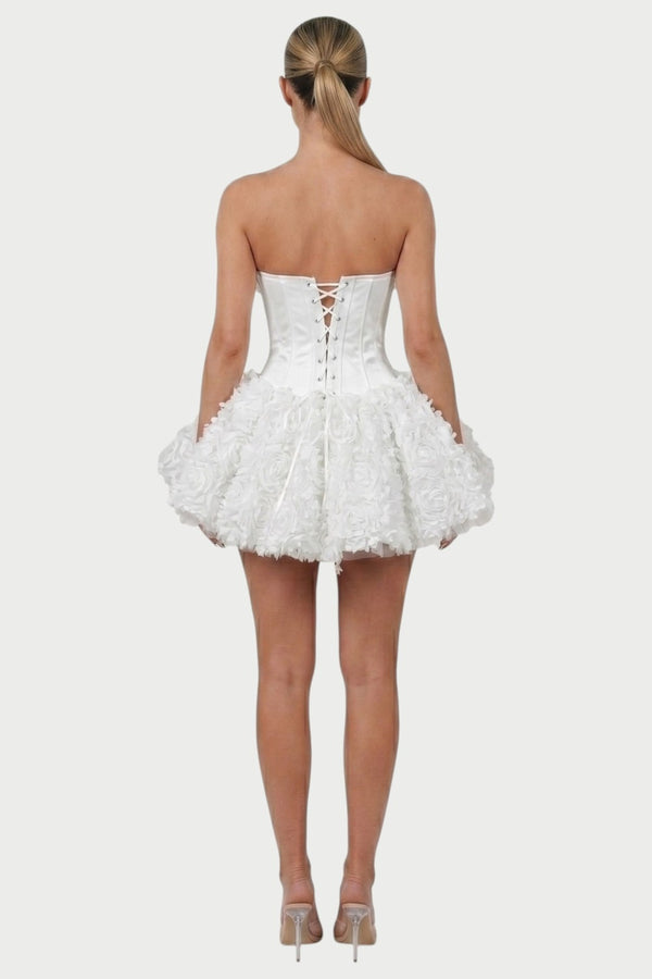 Thalia Strapless Floral Ruffle Mini Dress in White – back