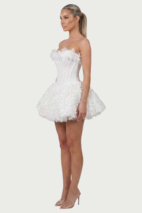 Thalia Strapless Floral Ruffle Mini Dress in White – side