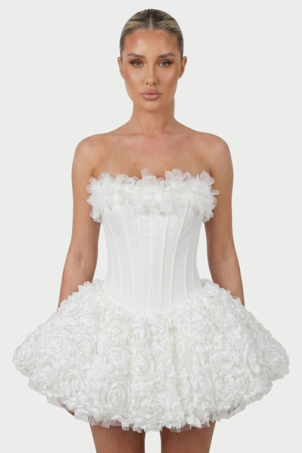 Thalia Strapless Floral Ruffle Mini Dress in White – close-up front