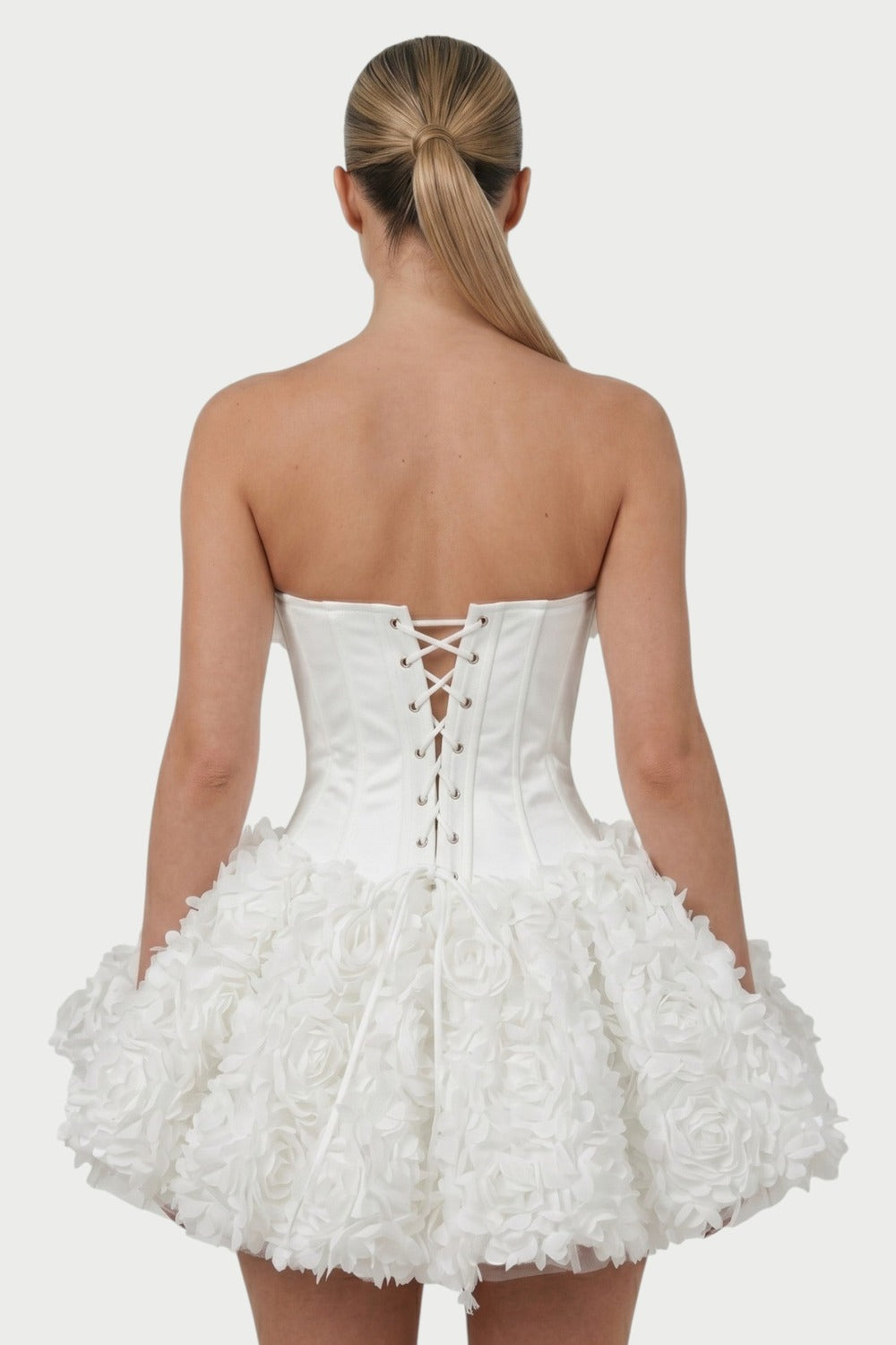 Thalia Strapless Floral Ruffle Mini Dress in White – close-up back