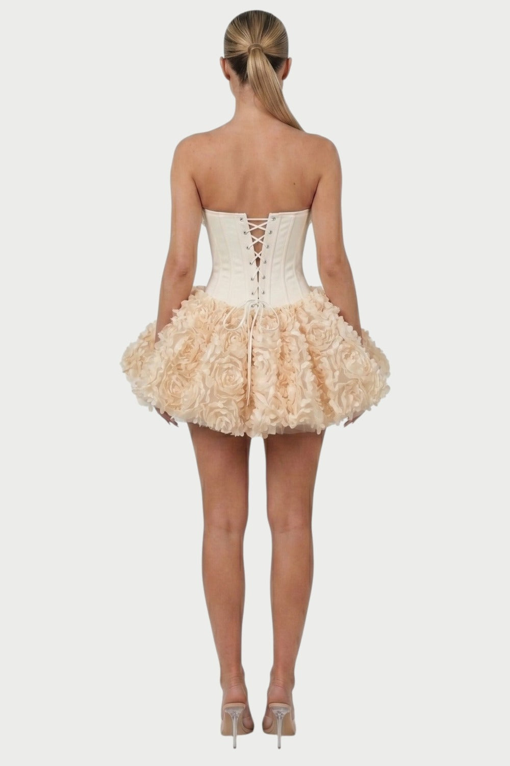 Thalia Strapless Floral Ruffle Mini Dress in Apricot – back
