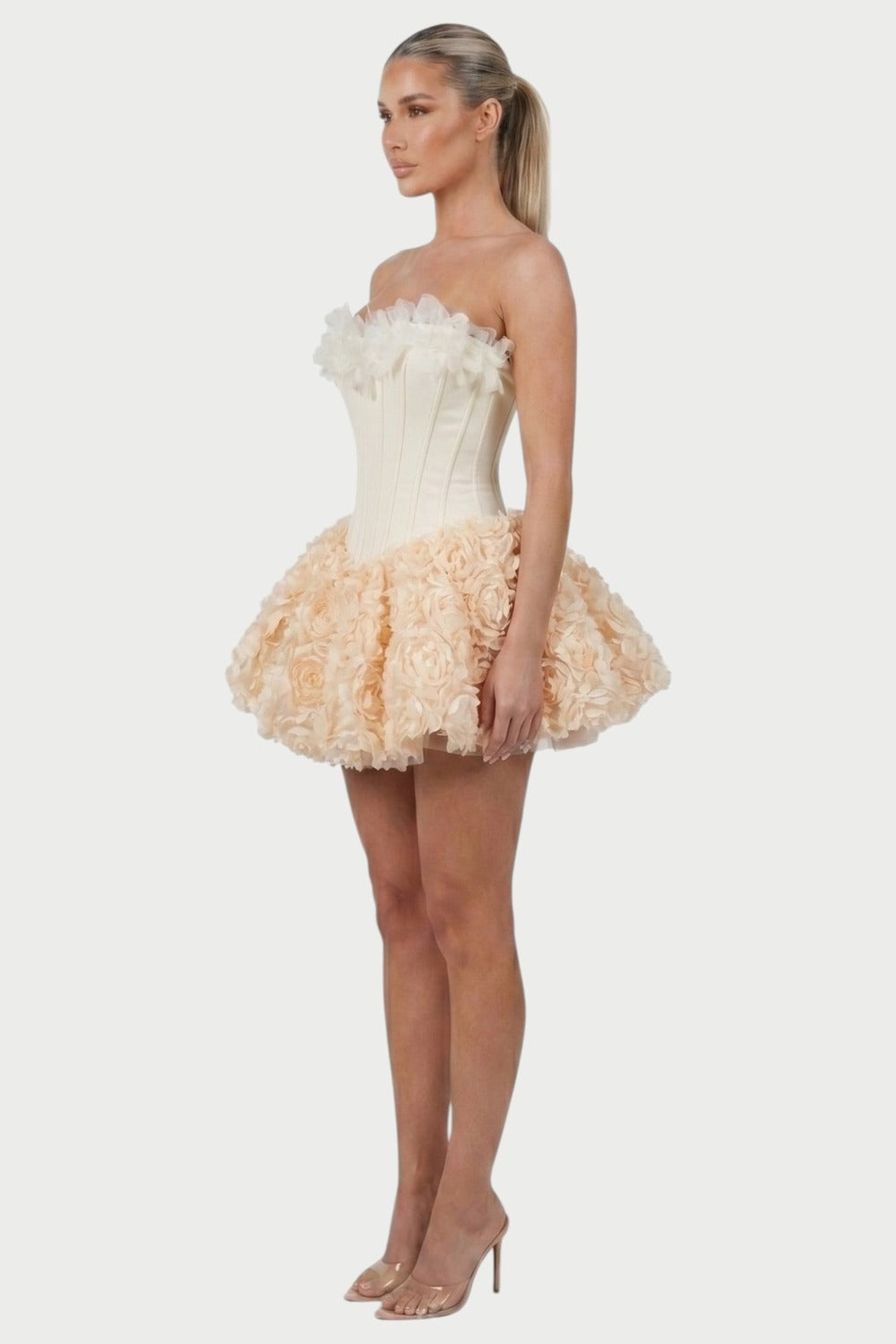 Thalia Strapless Floral Ruffle Mini Dress in Apricot – side