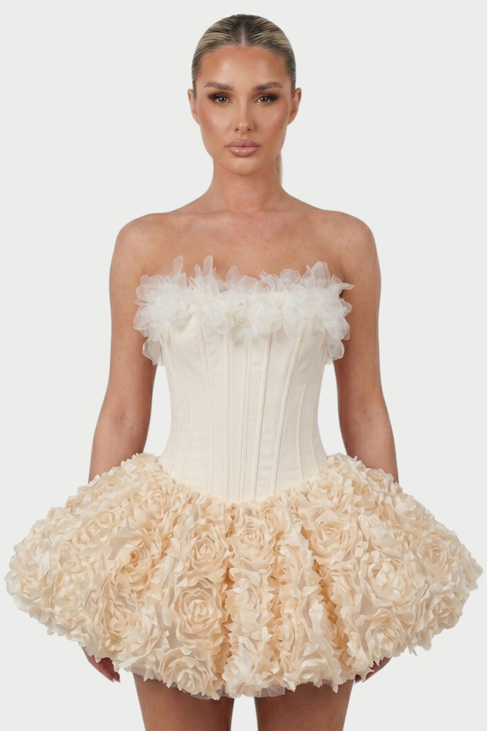 Thalia Strapless Floral Ruffle Mini Dress in Apricot – close-up front