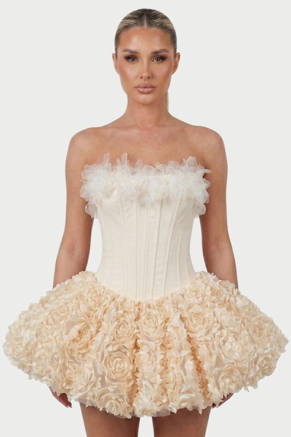 Thalia Strapless Floral Ruffle Mini Dress in Apricot – close-up front