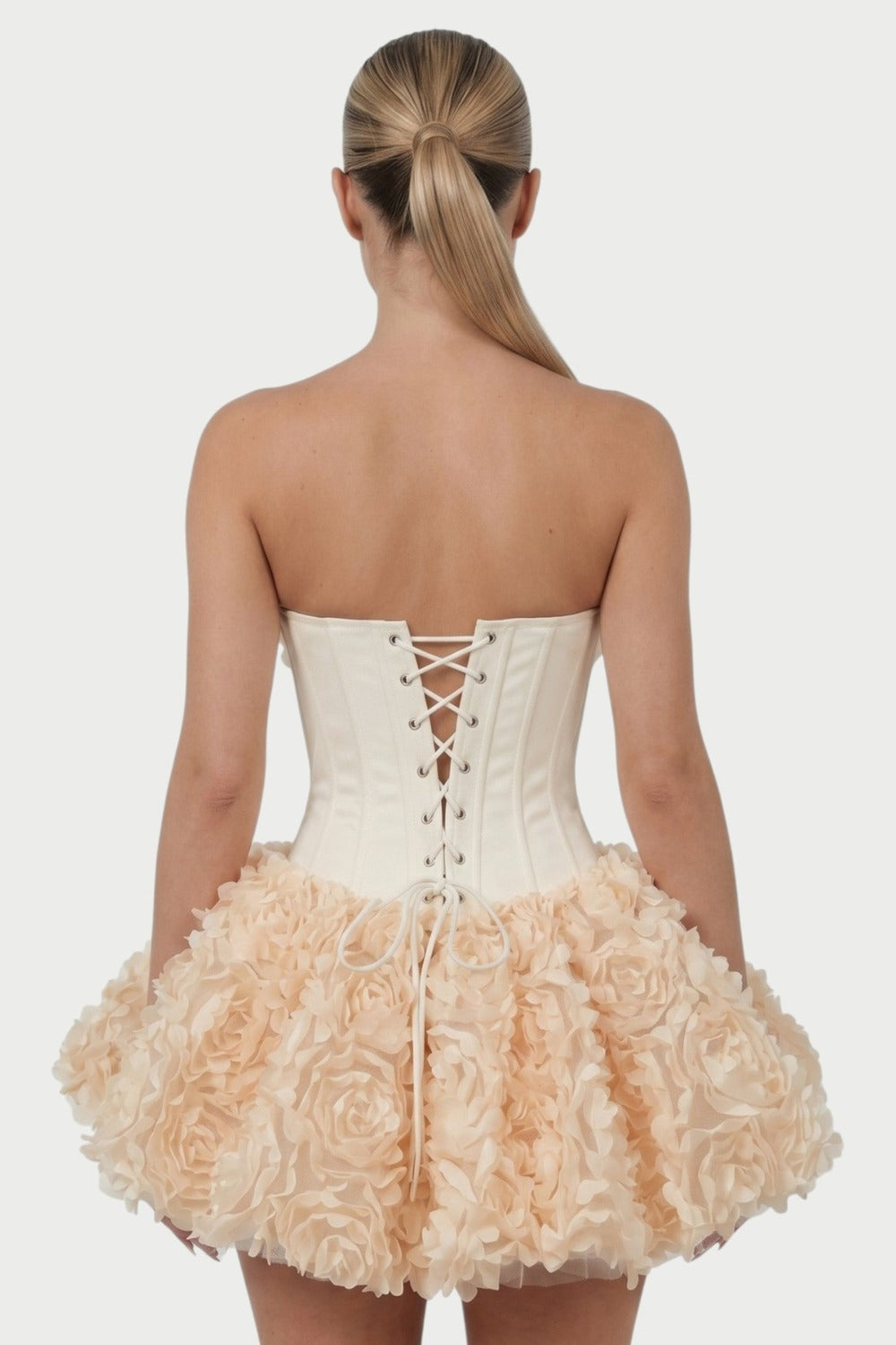 Thalia Strapless Floral Ruffle Mini Dress in Apricot – close-up back