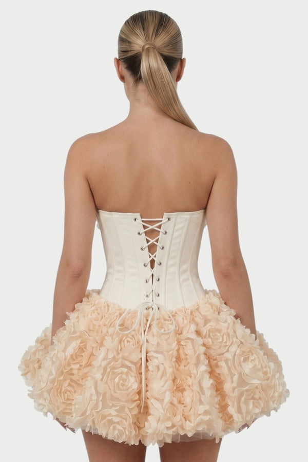 Thalia Strapless Floral Ruffle Mini Dress in Apricot – close-up back