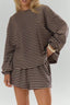 Camille Striped Long-Sleeve Top & Shorts Set in Coffee Brown – front