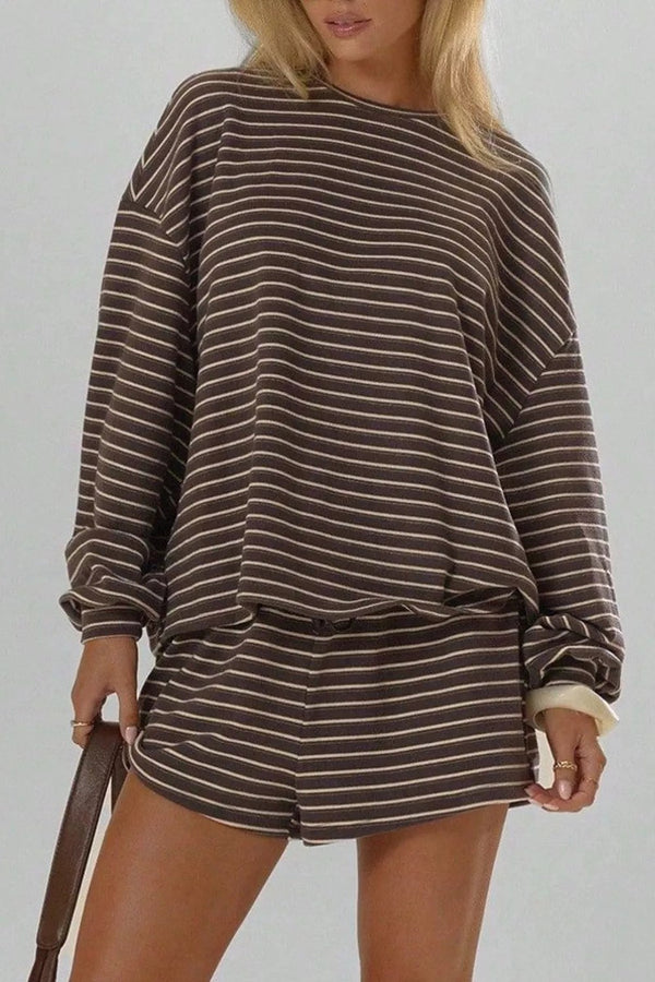 Camille Striped Long-Sleeve Top & Shorts Set in Coffee Brown – front, drawstring shorts