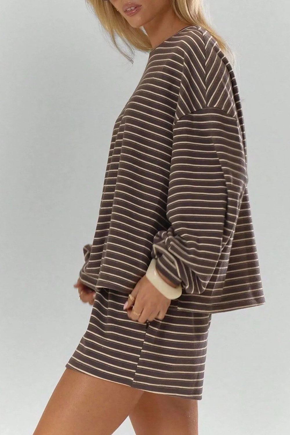 Camille Striped Long-Sleeve Top & Shorts Set in Coffee Brown – side
