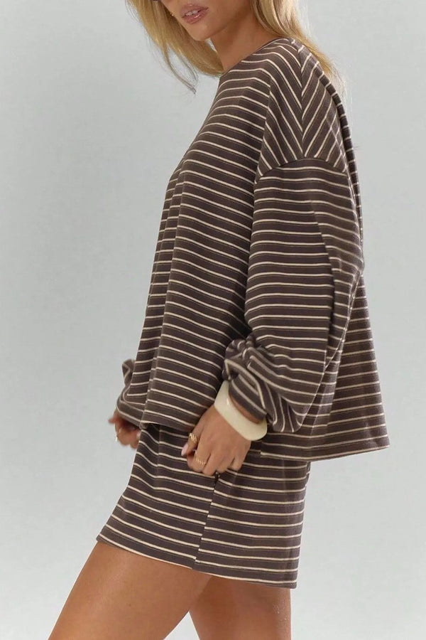 Camille Striped Long-Sleeve Top & Shorts Set in Coffee Brown – side