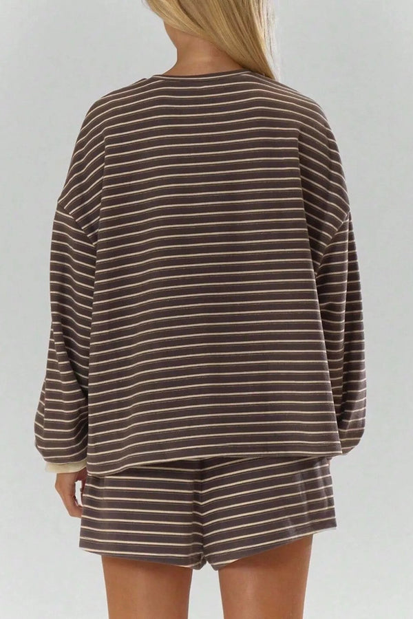 Camille Striped Long-Sleeve Top & Shorts Set in Coffee Brown – back