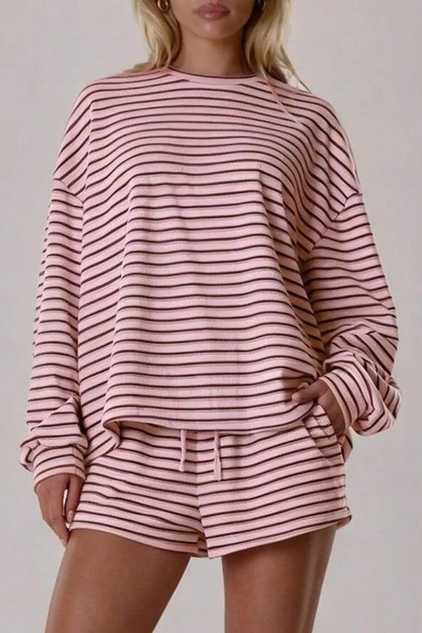 Camille Striped Long-Sleeve Top & Shorts Set in Pink – front, drawstring shorts