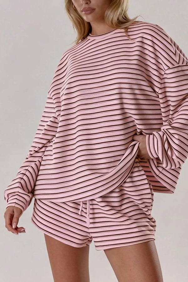 Camille Striped Long-Sleeve Top & Shorts Set in Pink – front, relaxed fit