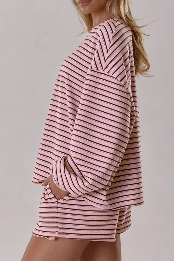 Camille Striped Long-Sleeve Top & Shorts Set in Pink – side