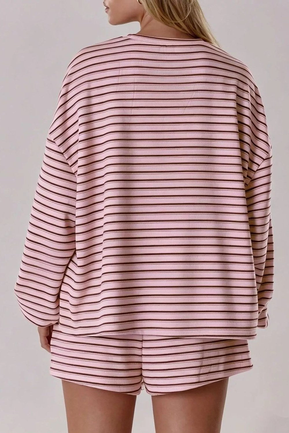Camille Striped Long-Sleeve Top & Shorts Set in Pink – back