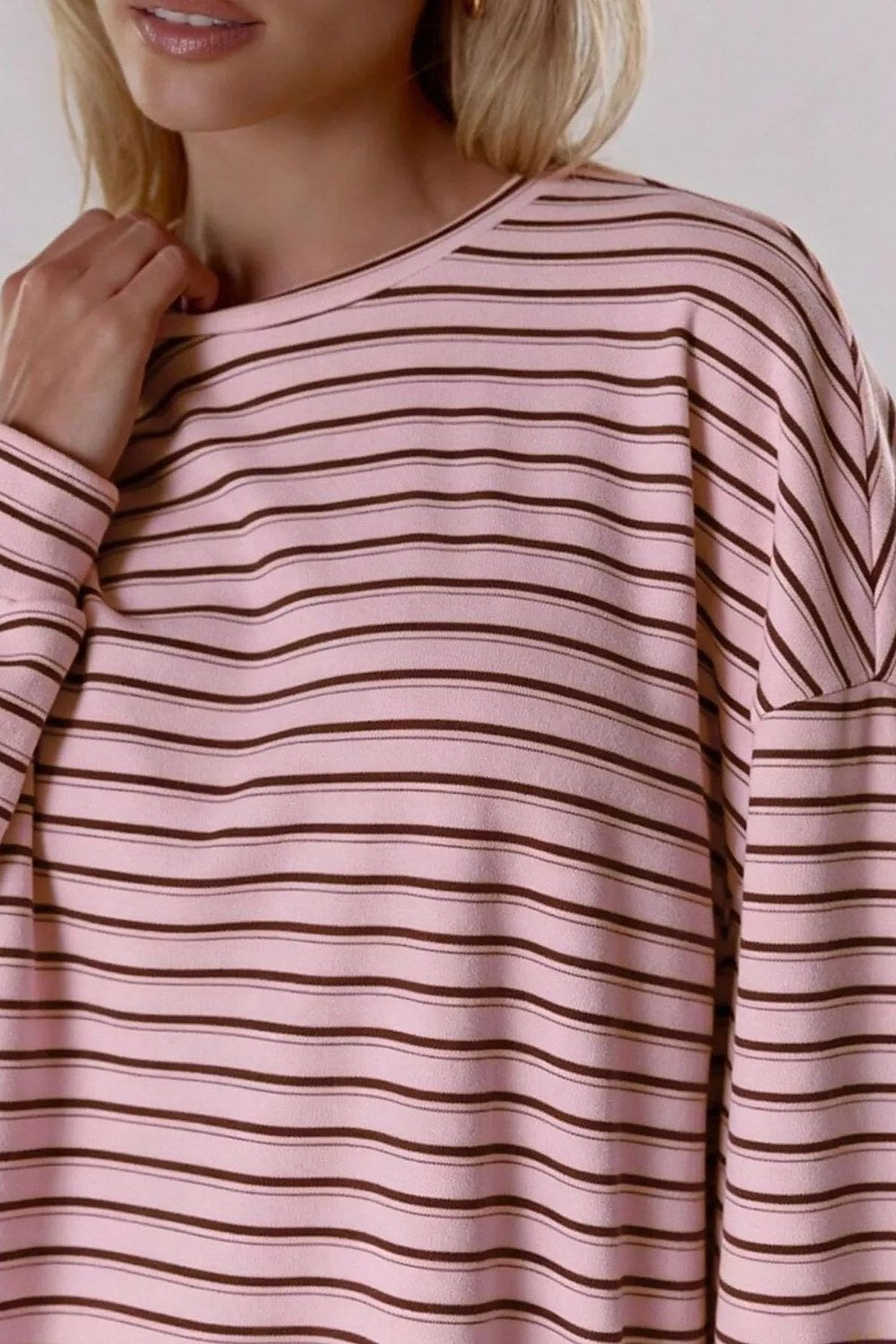 Camille Striped Long-Sleeve Top & Shorts Set in Pink – neckline detail