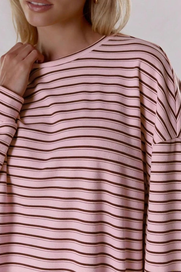 Camille Striped Long-Sleeve Top & Shorts Set in Pink – neckline detail