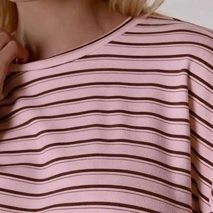 Camille Striped Long-Sleeve Top & Shorts Set – detail: Crew neckline, striped knit