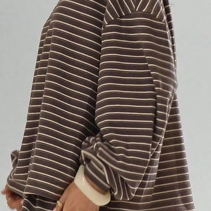 Camille Striped Long-Sleeve Top & Shorts Set – detail: Dropped shoulders, turn-up cuffs