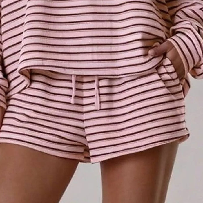Camille Striped Long-Sleeve Top & Shorts Set – detail: Drawstring waist, side pocket