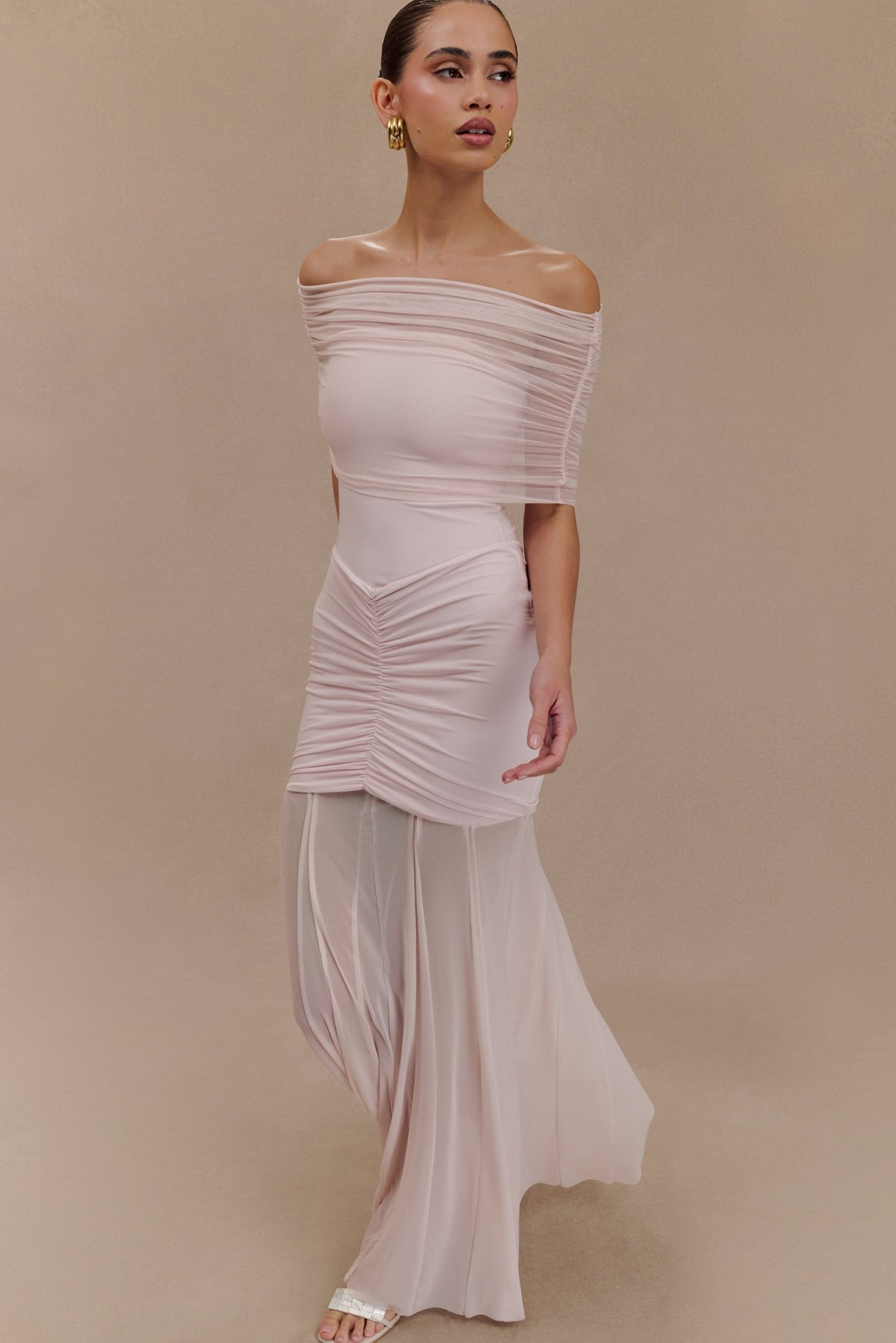 Caspian Slinky And Mesh Off Shoulder Maxi Dress - 18