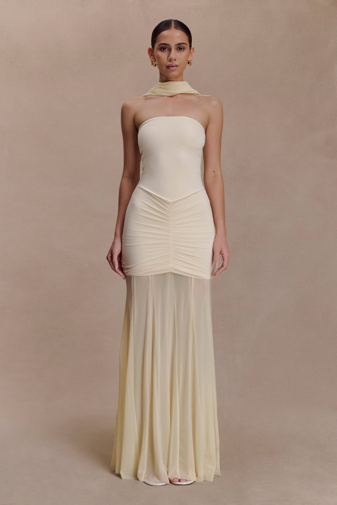 Caspian Slinky And Mesh Off Shoulder Maxi Dress - 24